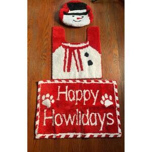 3PC Red Christmas Bathroom Set Rugs & Toilet Lid Cover, Holiday Deco Snowman Dog